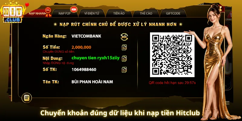 Chuyển khoản đúng dữ liệu khi nạp tiền Hitclub