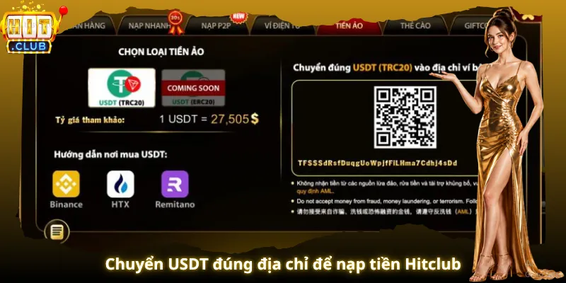 Chuyển USDT đúng địa chỉ để nạp tiền Hitclub