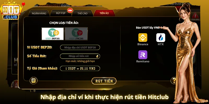 Nhập địa chỉ ví khi thực hiện rút tiền Hitclub